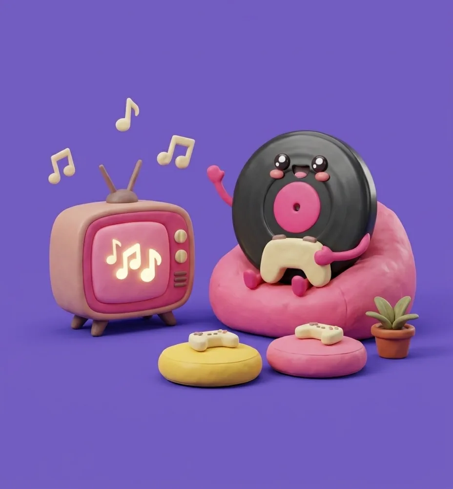 Maskotka - płyta winylowa z padem w ręce - macha z pufa przed telewizorem, obok czekają dwie wolne poduszki z padami.